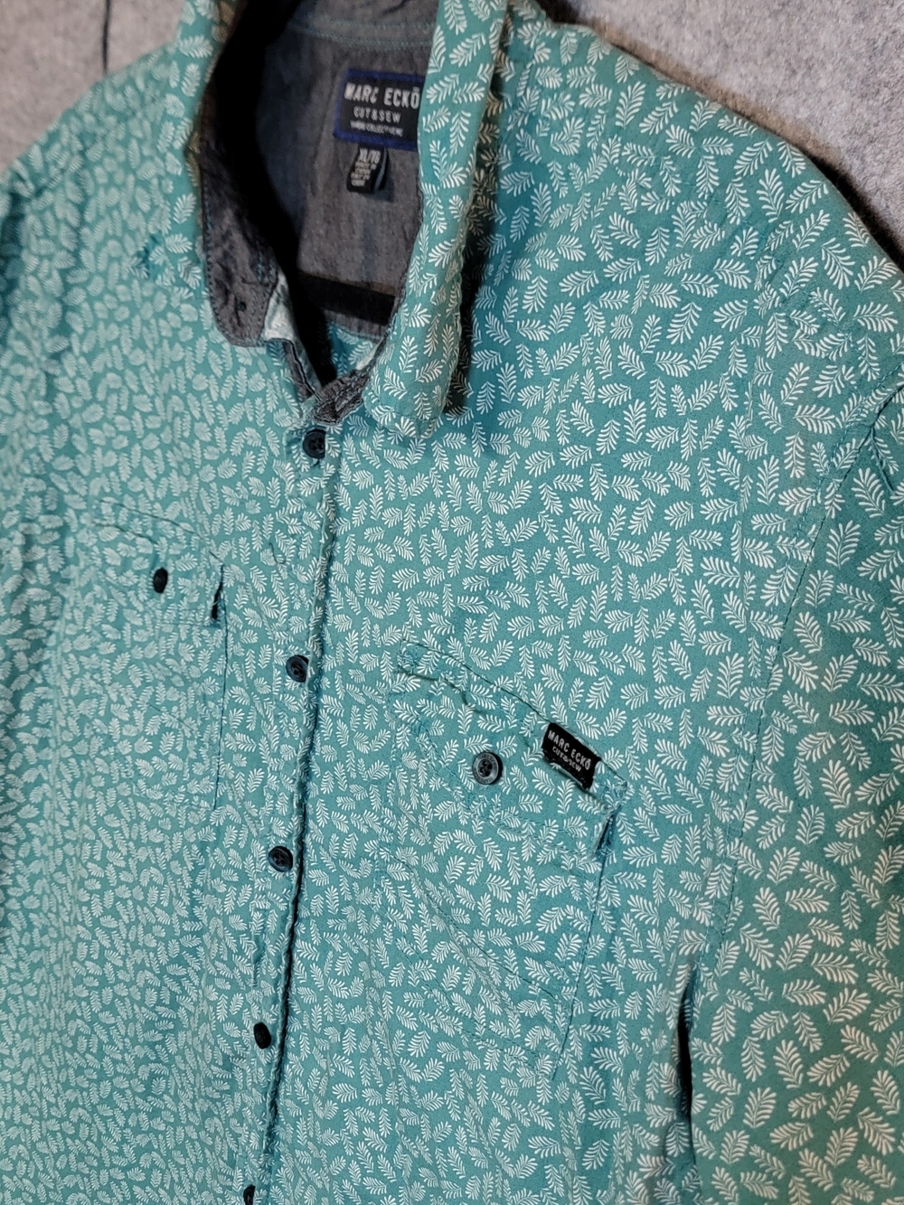 Marc Ecko Cut & Sew Teal Short-Sleeve Button-Down Shirt with Leaf Print
